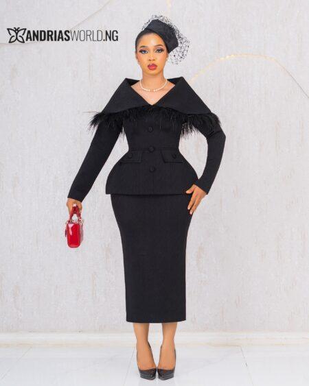 BLACK CAPE TWO PIECE SKIRT SET WITH FEATHERS