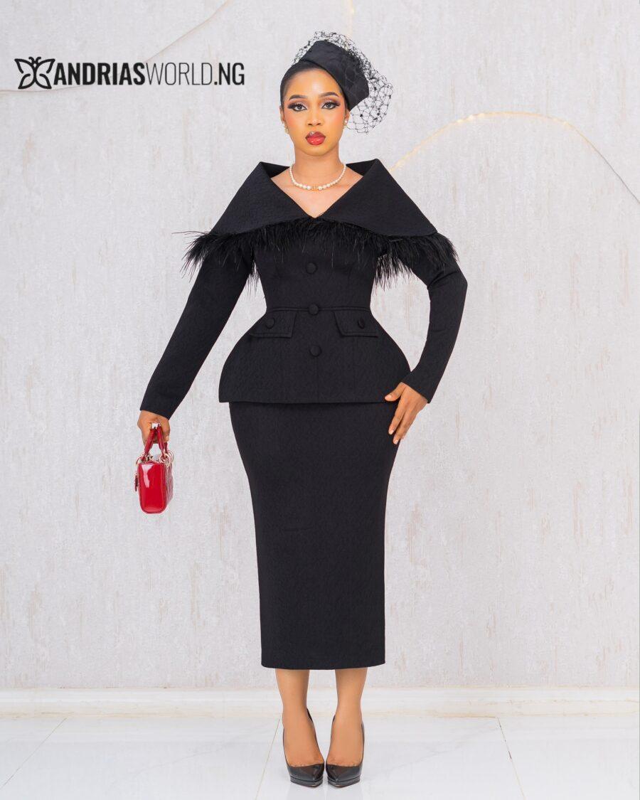 BLACK CAPE TWO PIECE SKIRT SET WITH FEATHERS