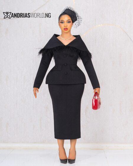 BLACK CAPE TWO PIECE SKIRT SET WITH FEATHERS