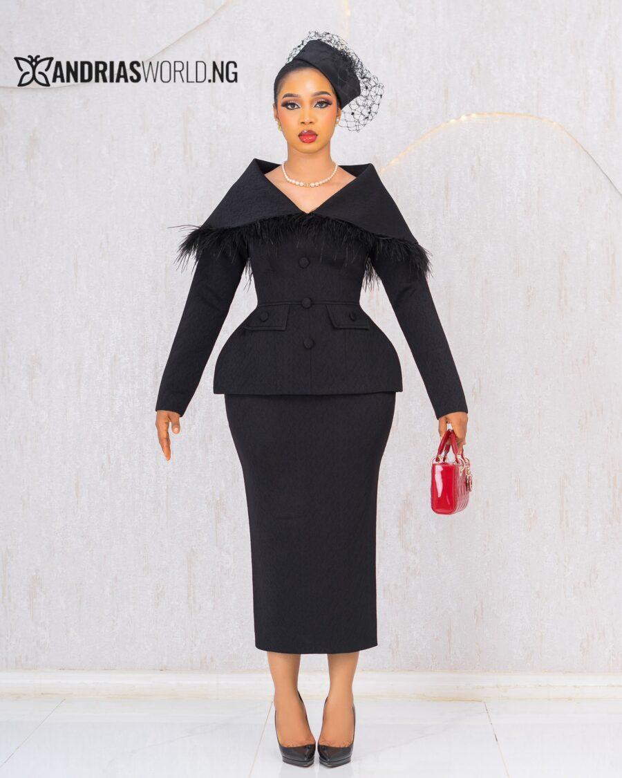 BLACK CAPE TWO PIECE SKIRT SET WITH FEATHERS