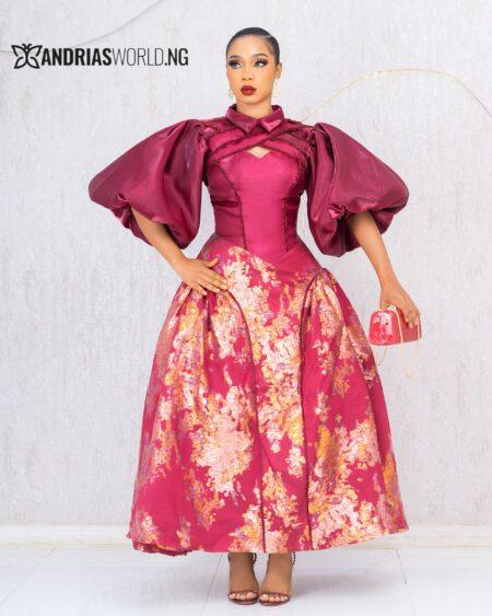 Wine Mikado and Damask Flare Dress