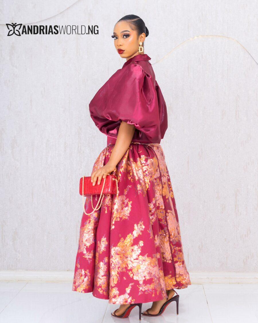 Wine Mikado and Damask Flare Dress