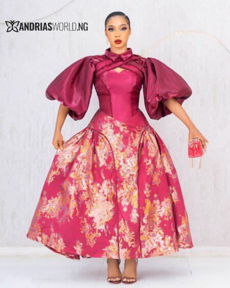 Wine Mikado and Damask Flare Dress