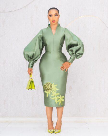 OLIVE GREEN MIKADO MIDI DRESS WITH FLORAL EMBROIDERY