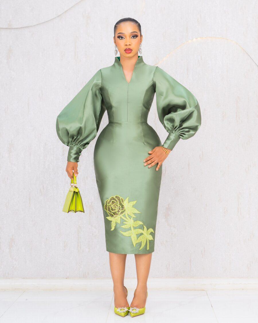 OLIVE GREEN MIKADO MIDI DRESS WITH FLORAL EMBROIDERY