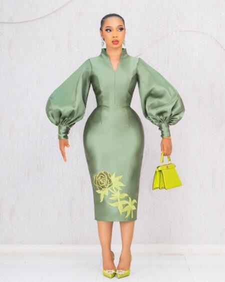 OLIVE GREEN MIKADO MIDI DRESS WITH FLORAL EMBROIDERY