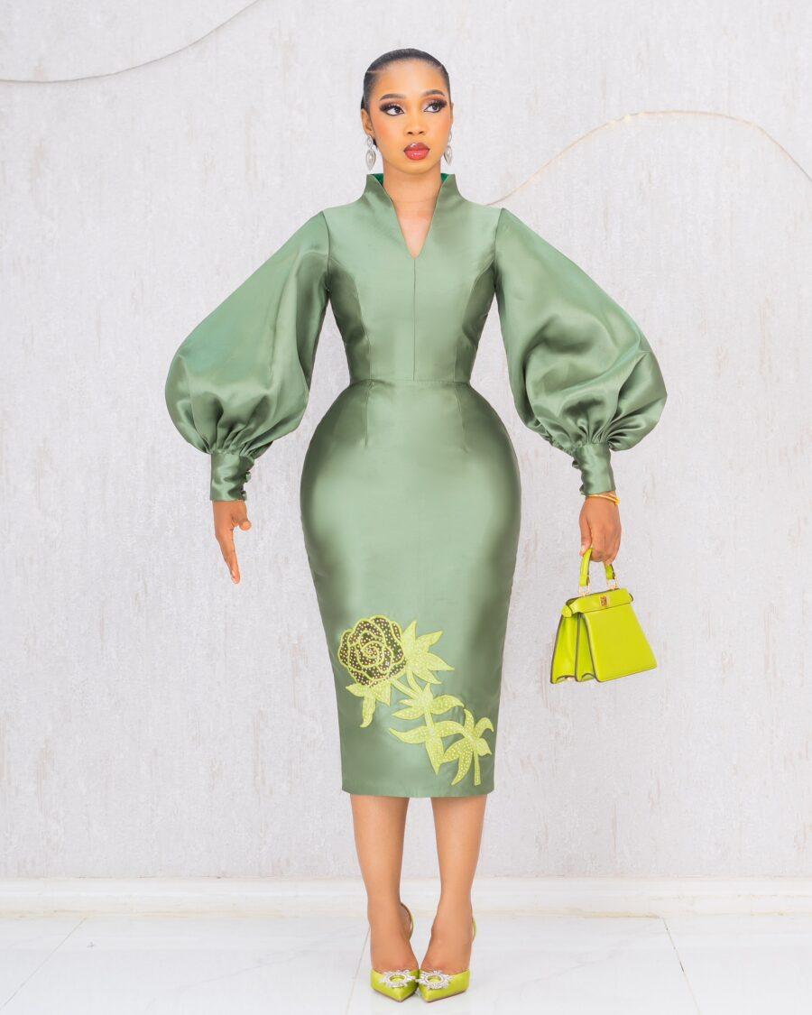 OLIVE GREEN MIKADO MIDI DRESS WITH FLORAL EMBROIDERY