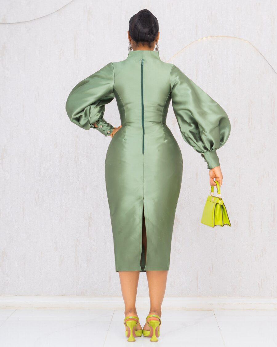 OLIVE GREEN MIKADO MIDI DRESS WITH FLORAL EMBROIDERY