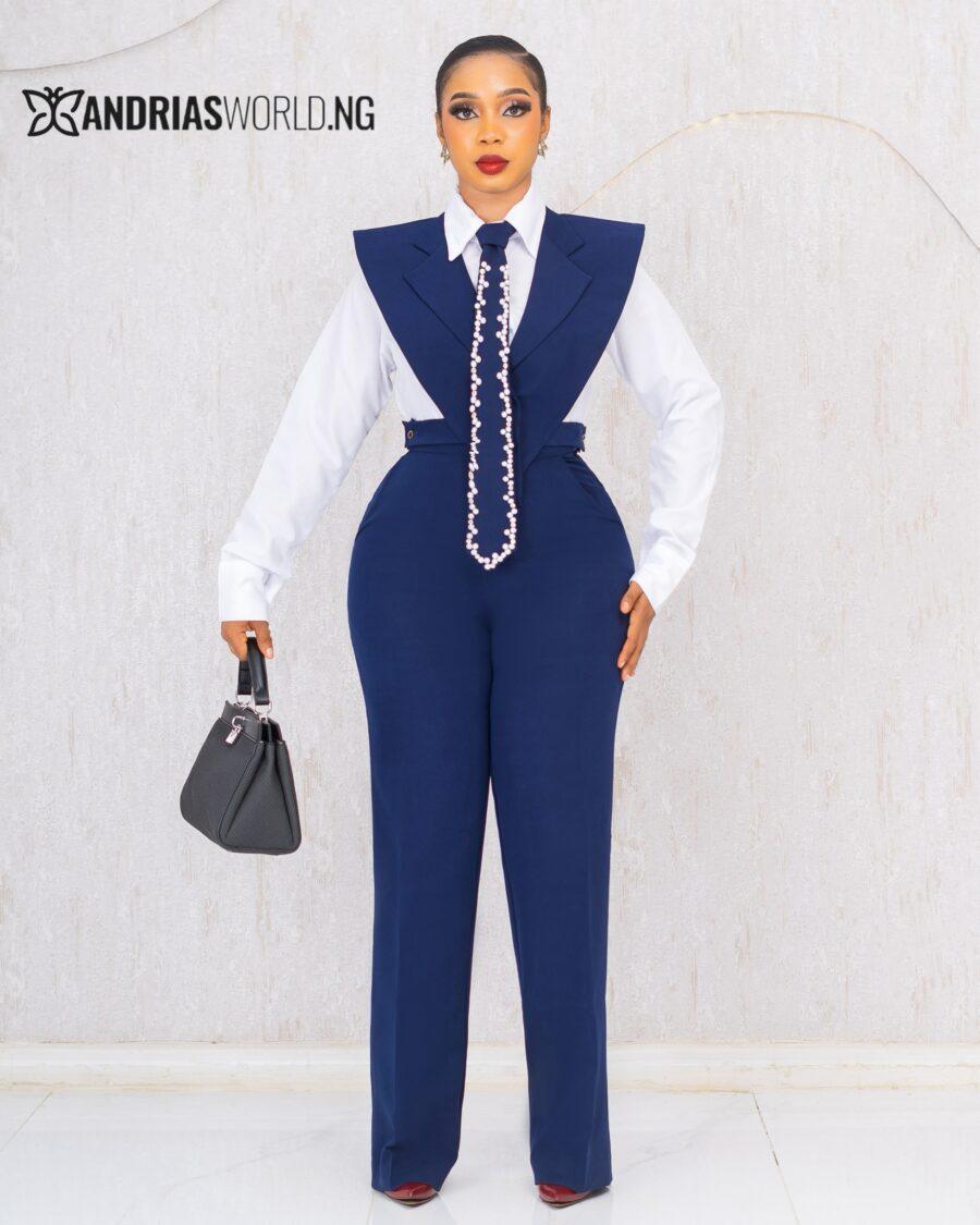 NAVYBLUE FOUR PIECE TROUSER SET WITH BEADED TIE