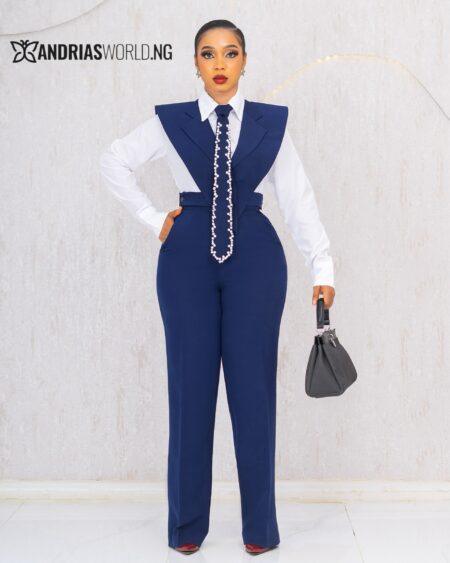 NAVYBLUE FOUR PIECE TROUSER SET WITH BEADED TIE
