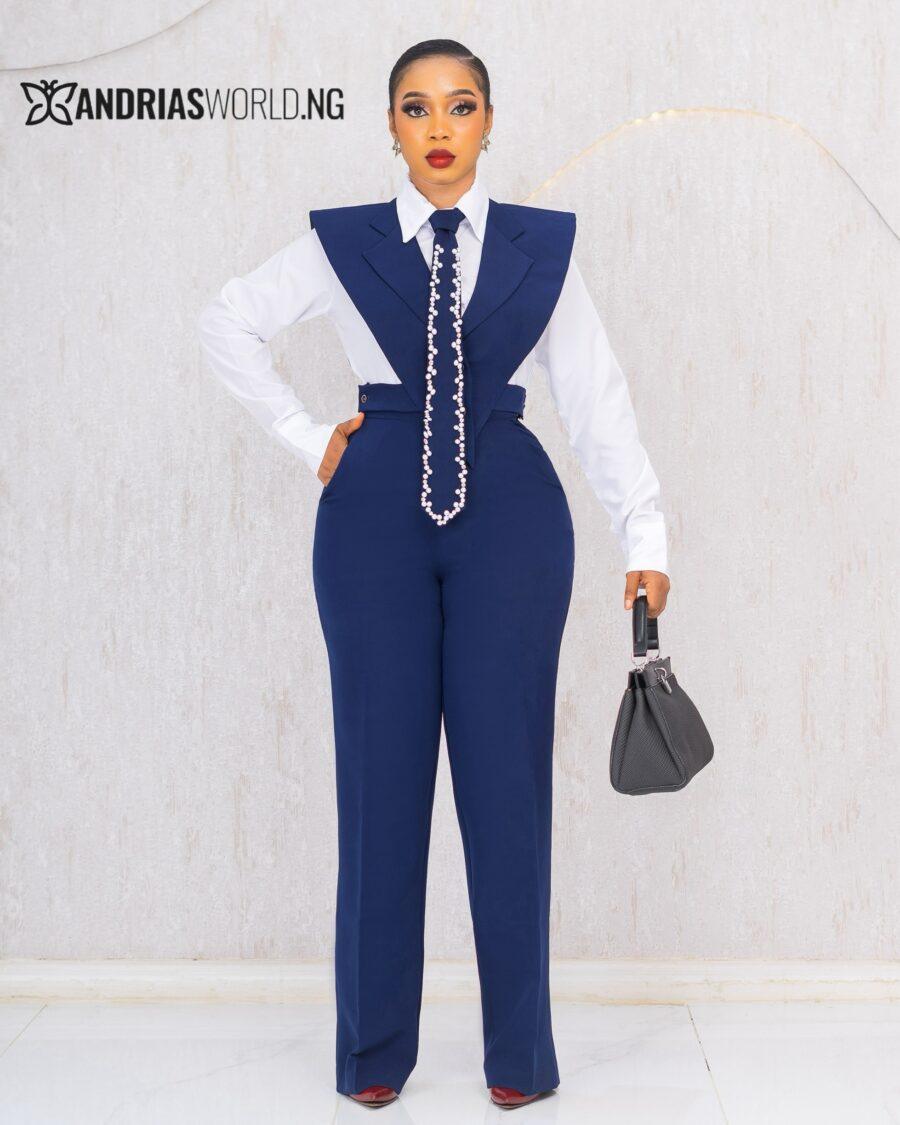 NAVYBLUE FOUR PIECE TROUSER SET WITH BEADED TIE