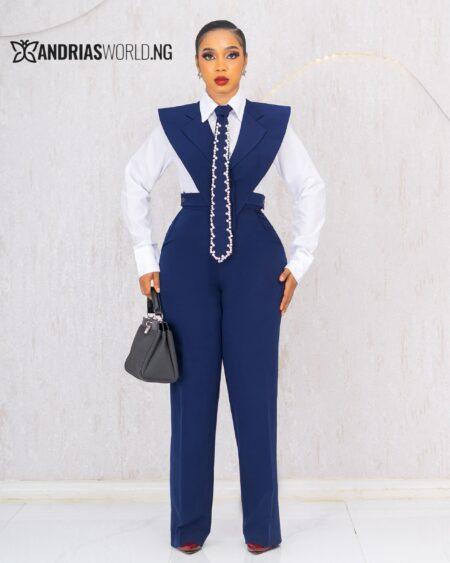 NAVYBLUE FOUR PIECE TROUSER SET WITH BEADED TIE