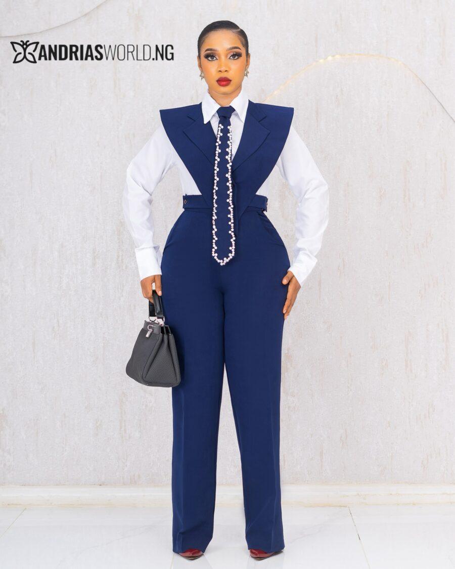 NAVYBLUE FOUR PIECE TROUSER SET WITH BEADED TIE