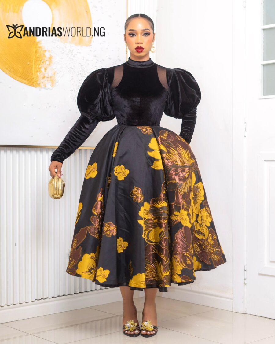 BLACK AND YELLOW DAMASK SKATER DRESS WITH VELVET