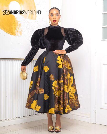 BLACK AND YELLOW DAMASK SKATER DRESS WITH VELVET