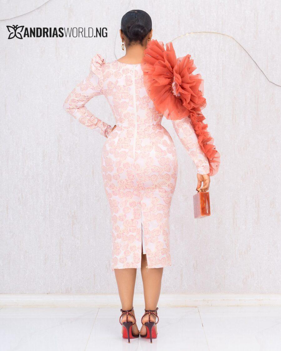 ORANGE FLORAL DAMASK DRESS WITH ORGANZA ROSE DETAIL