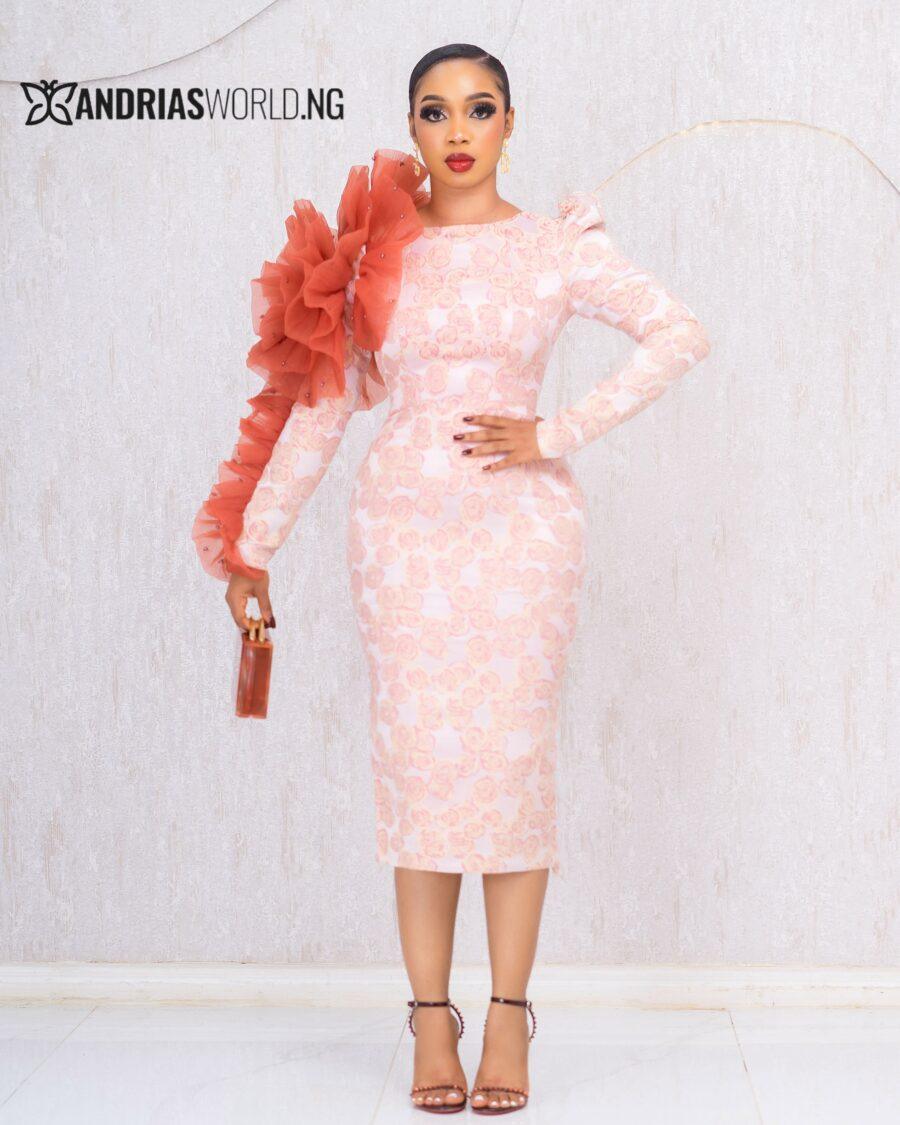 ORANGE FLORAL DAMASK DRESS WITH ORGANZA ROSE DETAIL
