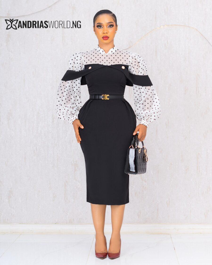 BLACK AND WHITE POLKADOT MIDI DRESS