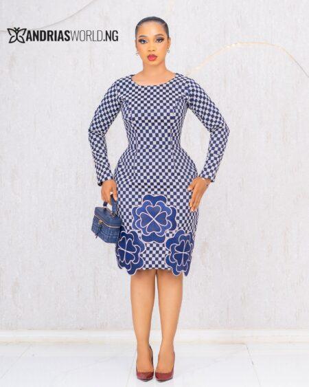 BLUE AND WHITE CHECK DAMASK DRESS