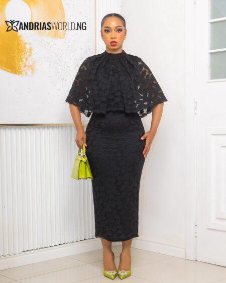 BLACK LACE DRESS WITH DETACHABLE CAPE