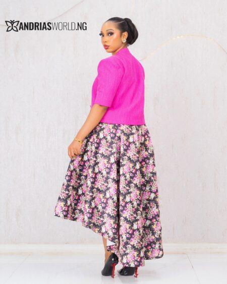 PINK AND BLACK FLORAL THREE PIECE SKIRT SET WITH TWEED JACKET
