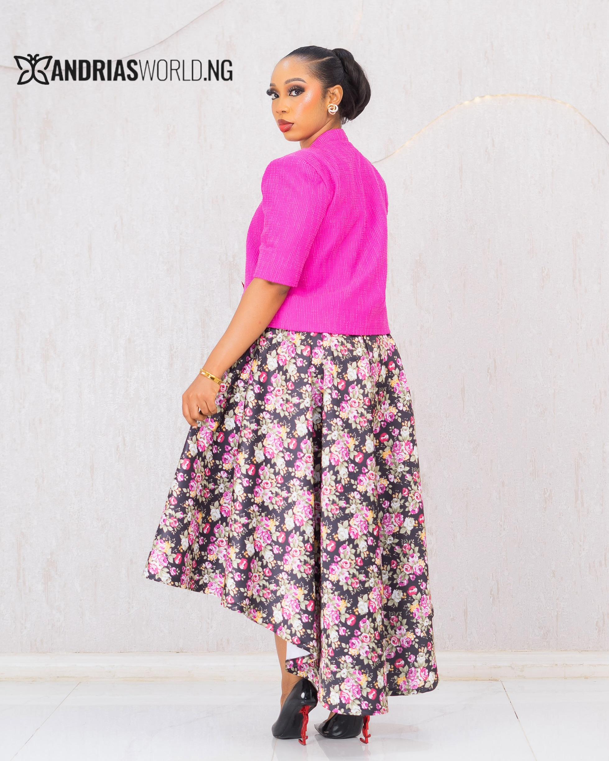 PINK AND BLACK FLORAL THREE PIECE SKIRT SET WITH TWEED JACKET PINK AND BLACK FLORAL THREE PIECE SKIRT SET WITH TWEED JACKET