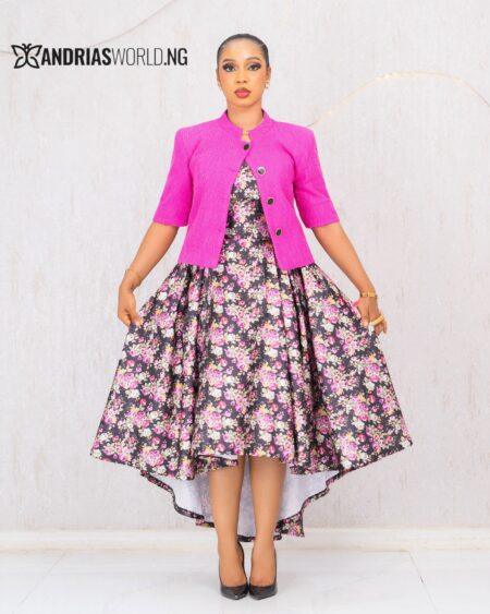 PINK AND BLACK FLORAL THREE PIECE SKIRT SET WITH TWEED JACKET