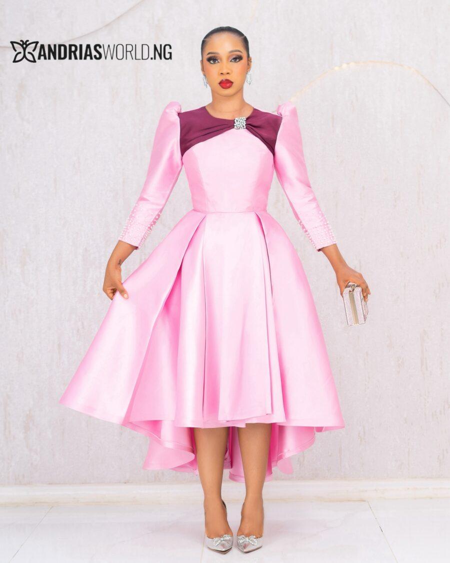PINK AND WINE BEADED MIKADO SKATER DRESS