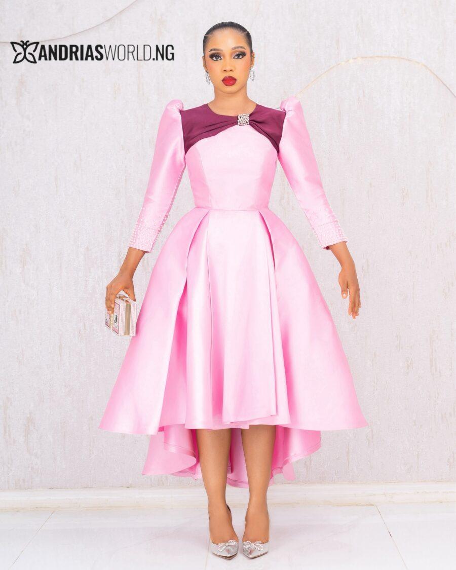 PINK AND WINE BEADED MIKADO SKATER DRESS