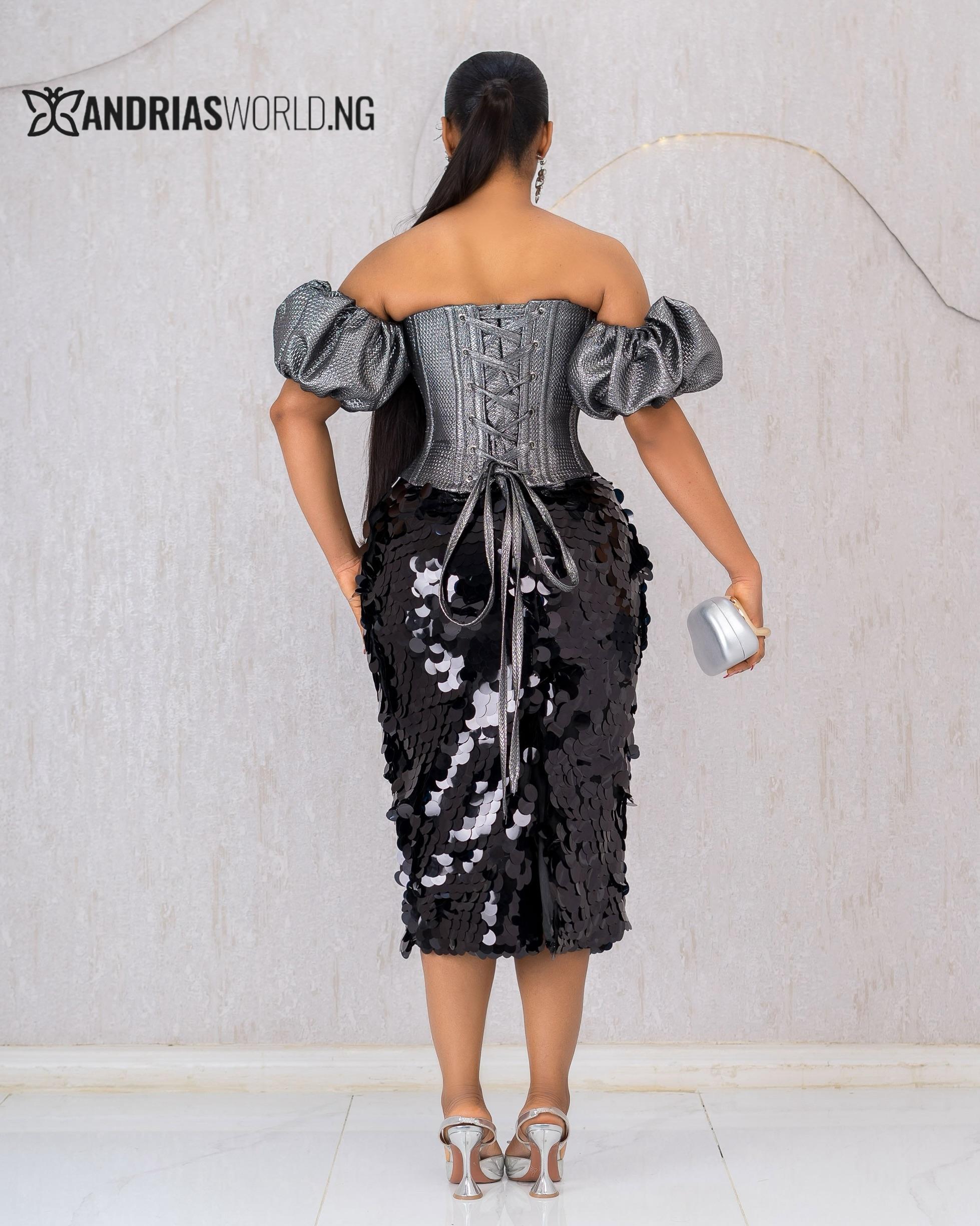 SILVER DAMASK CORSET TOP WITH SEQUIN SKIRT SILVER DAMASK CORSET TOP WITH SEQUIN SKIRT