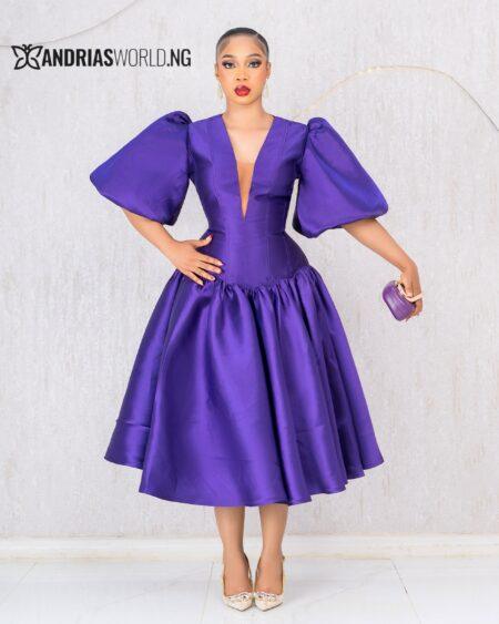 PURPLE MIKADO DRESS WITH PUFFY SLEEVES