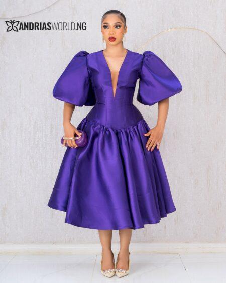 PURPLE MIKADO DRESS WITH PUFFY SLEEVES PURPLE MIKADO DRESS WITH PUFFY SLEEVES