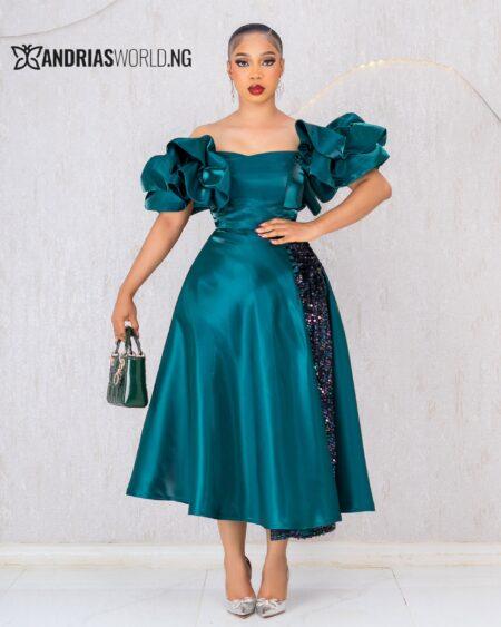 GREEN MIKADO SKATER DRESS WITH SEQUIN DETAIL