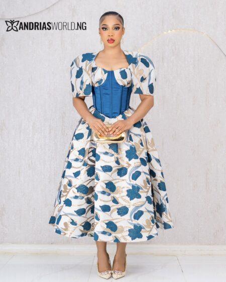 BLUE FLORAL DAMASK CORSET DRESS WITH DETACHABLE CAPE