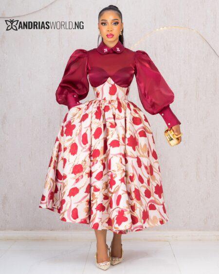 WINE ORGANDY WITH FLORAL DAMASK SKIRT
