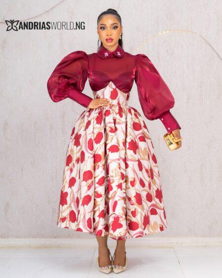 WINE ORGANDY WITH FLORAL DAMASK SKIRT