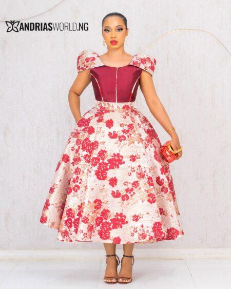 RED AND CREAM FLORAL DAMASK DRESS