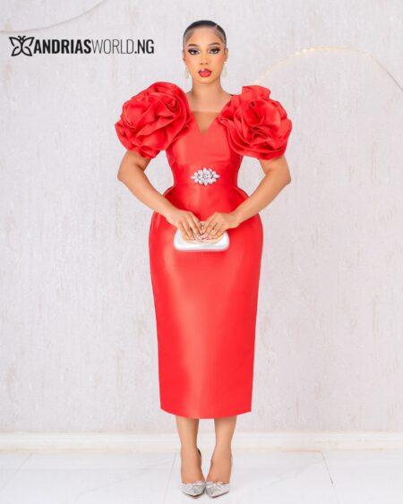 RED MIKADO MIDI DRESS WITH ROSE SLEEVES RED MIKADO MIDI DRESS WITH ROSE SLEEVES