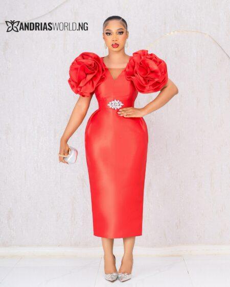 RED MIKADO MIDI DRESS WITH ROSE SLEEVES