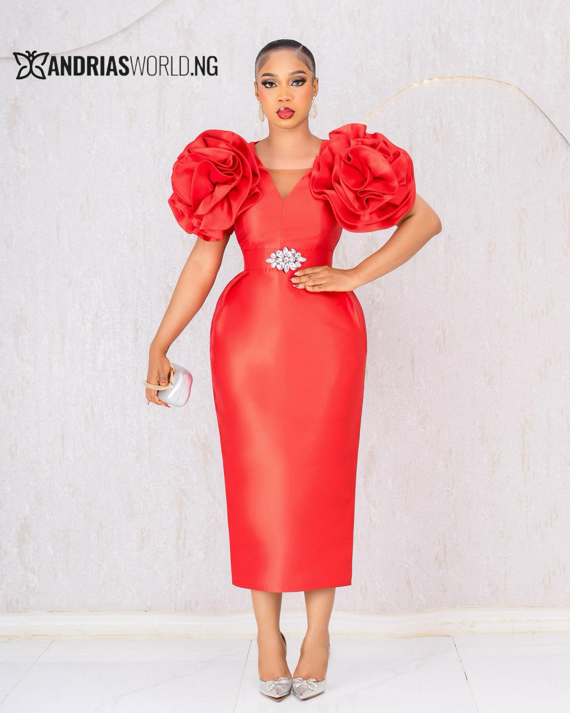 RED MIKADO MIDI DRESS WITH ROSE SLEEVES RED MIKADO MIDI DRESS WITH ROSE SLEEVES