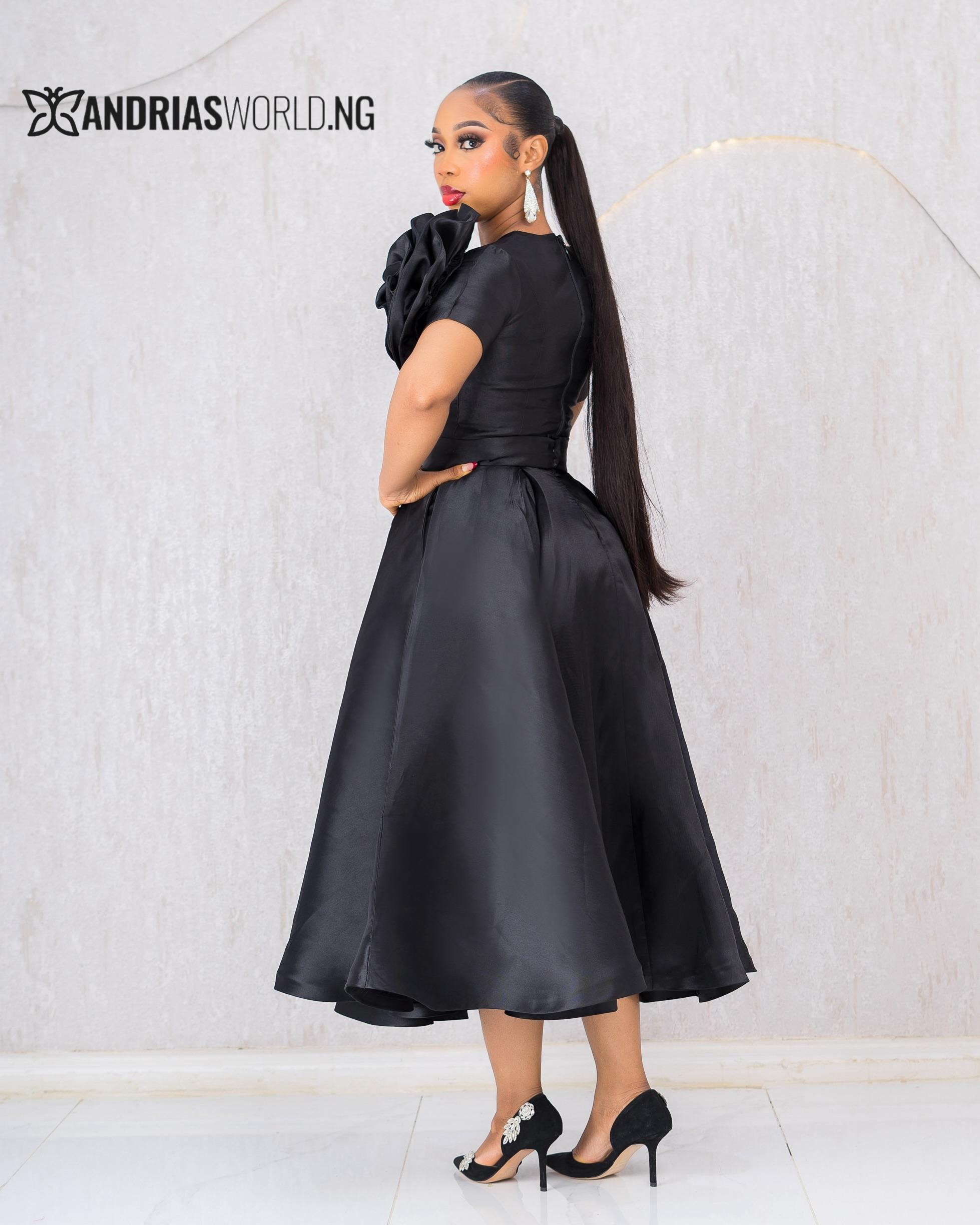 BLACK MIKADO SKATER DRESS WITH ROSE SLEEVES BLACK MIKADO SKATER DRESS WITH ROSE SLEEVES