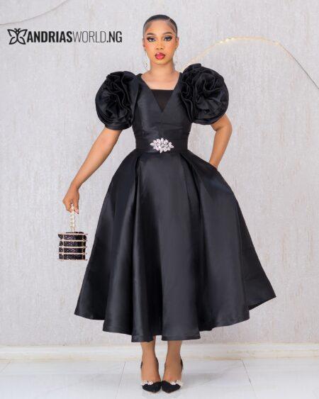 BLACK MIKADO SKATER DRESS WITH ROSE SLEEVES