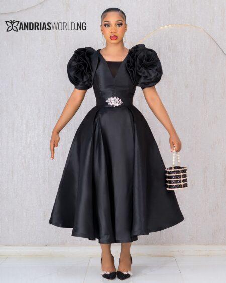 BLACK MIKADO SKATER DRESS WITH ROSE SLEEVES