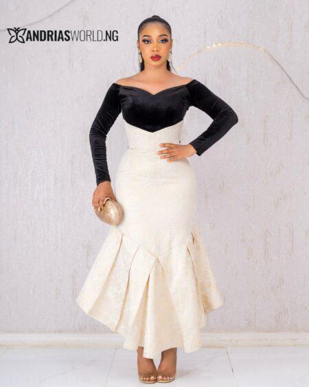 BLACK VELVET AND CREAM DAMASK FISHTAIL DRESS