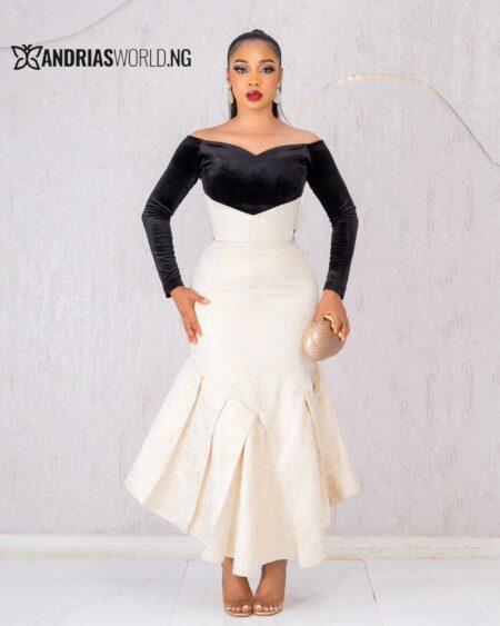 BLACK VELVET AND CREAM DAMASK FISHTAIL DRESS