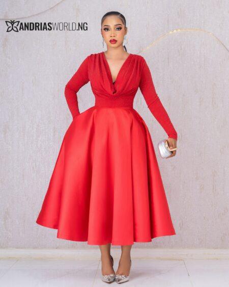 RED COWL NECK SHIMMER SKATER DRESS