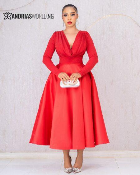 RED COWL NECK SHIMMER SKATER DRESS