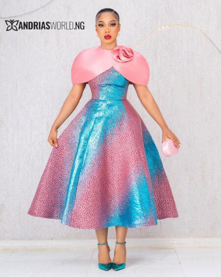TWO PIECE PINK & BLUE DAMASK DRESS WITH DETACHABLE CAPE