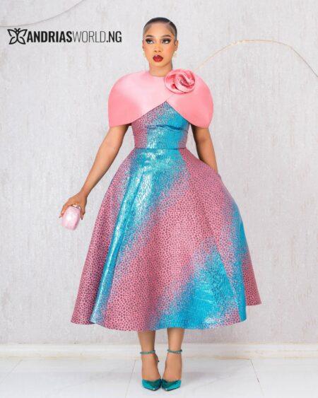 TWO PIECE PINK & BLUE DAMASK DRESS WITH DETACHABLE CAPE