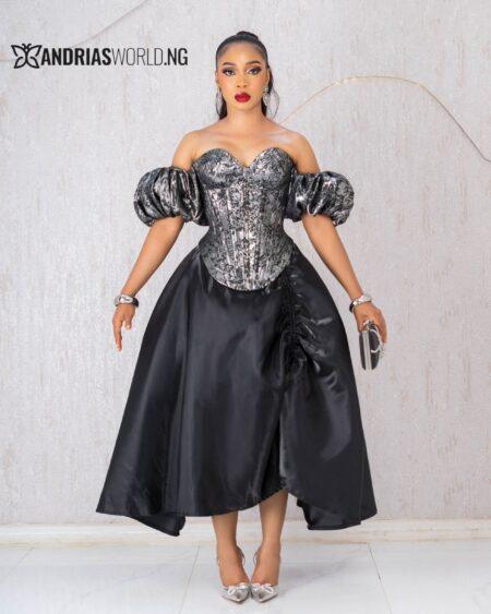 SILVER DAMASK CORSET TOP WITH BLACK LIQUID MIKADO SKIRT SET